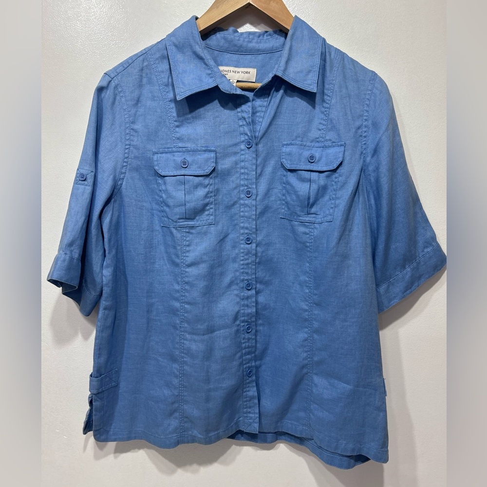 Jones New York Sport 100% Linen Short‎ Sleeve Utility Button-Down Shirt Size L